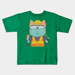 Cat Goof Construction Worker with Uniform Kids T-Shirt